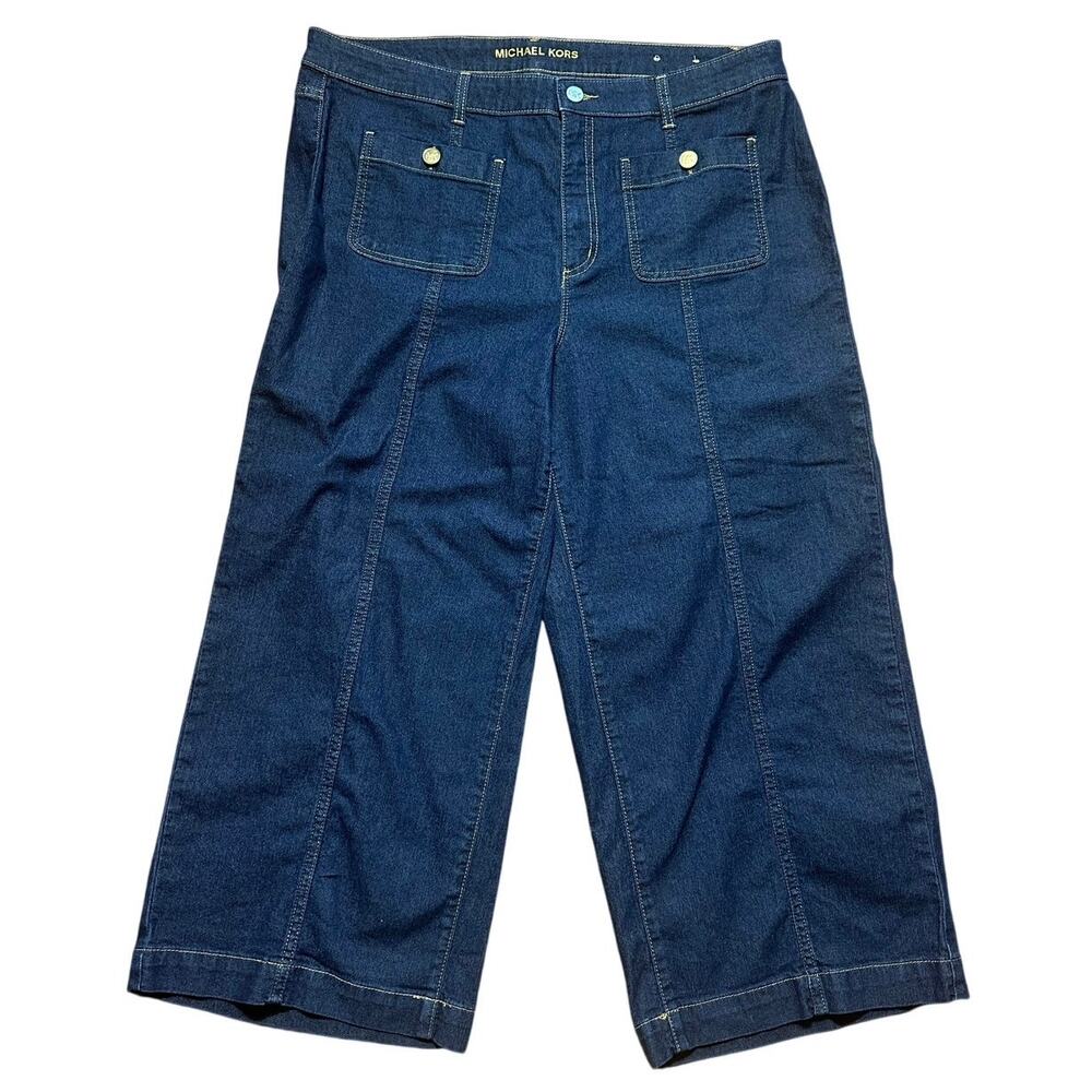 Micheal Kors Dark Wash Size 16 Cropped Wide Leg Stretch Front Pocket Jeans